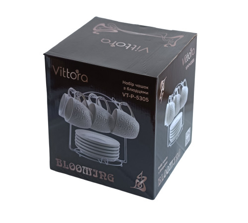 Набір Blooming VT-P-5305 6 чашок з блюдцями на підставці Vittora