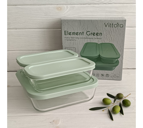 Набір харчових контейнерів скляних VT-161015 Element Green 3 предметів Vittora