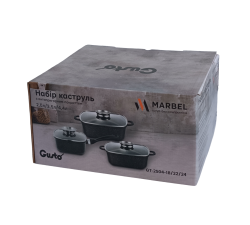 Набір квадратних каструль GT-2504-18/22/24 покриття MARBLE, 6пр. (2.0л/3.5л/4.4л) Gusto