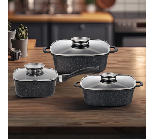 Набір квадратних каструль GT-2504-18/22/24 покриття MARBLE, 6пр. (2.0л/3.5л/4.4л) Gusto