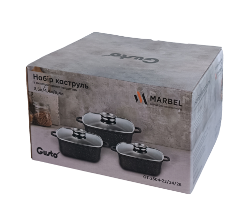 Набір квадратних каструль GT-2504-22/24/26 покриття MARBLE, 6пр. (3.5л/4.4л/5.4л) Gusto