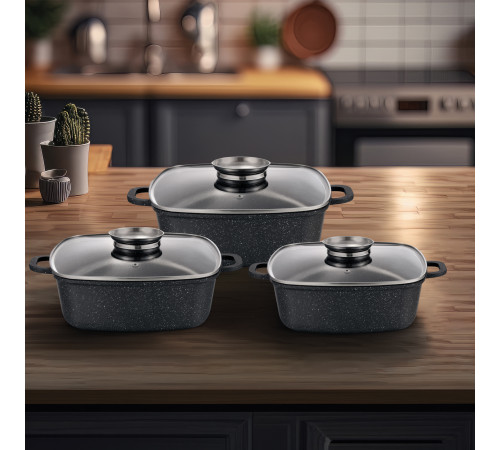 Набір квадратних каструль GT-2504-22/24/26 покриття MARBLE, 6пр. (3.5л/4.4л/5.4л) Gusto
